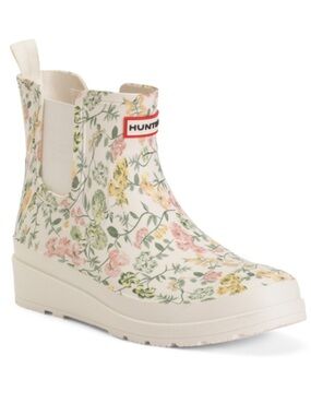 Hunter Floral Chelsea Waterproof Ankle Boot - Cream with Pink & Yellow